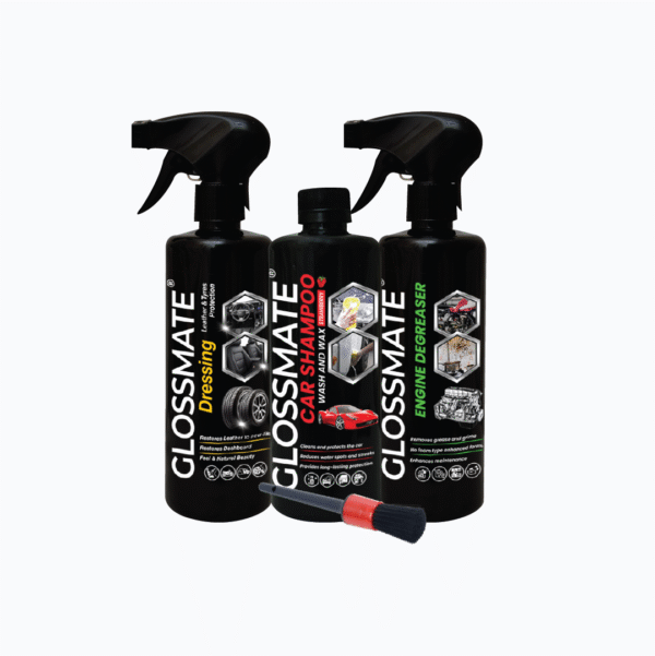 Car Shampoo Wash & Wax + Leather & Tyre Dressing + Engine Degreaser + Detailing Brush