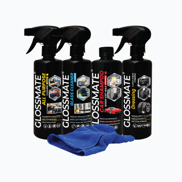 Car Shampoo Wash & Wax + Leather & Tyre Dressing + All Purpose Cleaner + Glass Cleaner + Microfiber Towel Single Side