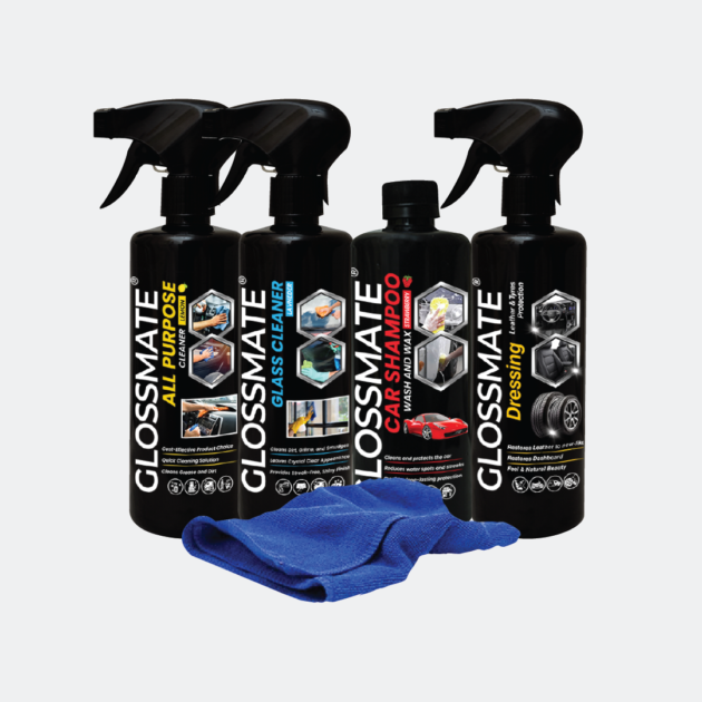 Car Shampoo + Leather & Tyre Dressing + All Purpose Cleaner + Glass Cleaner + Free Single Side Micro Fiber